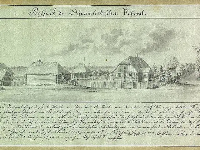 The image shows an old paper with a drawing of a farm in the middle of it, surrounded by houses,...