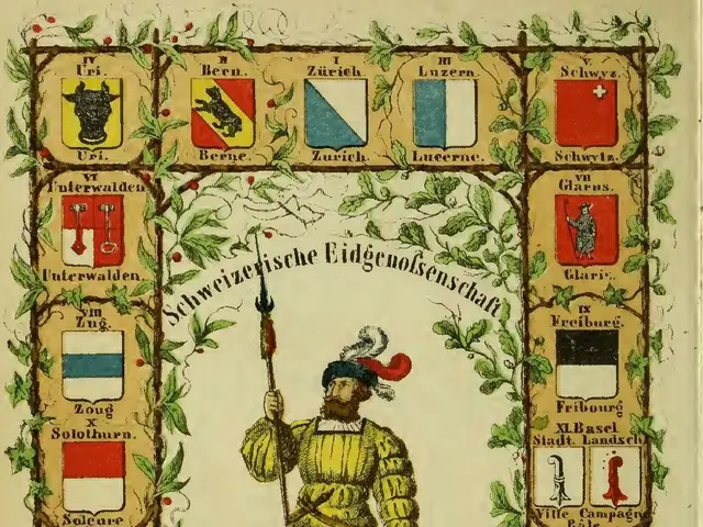 The image shows an old book with a drawing of a man in a yellow suit holding a sword and shield,...