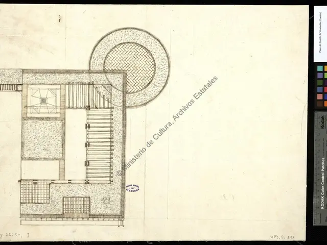 The image shows a drawing of a building with a circular roof and a staircase, with text and color...