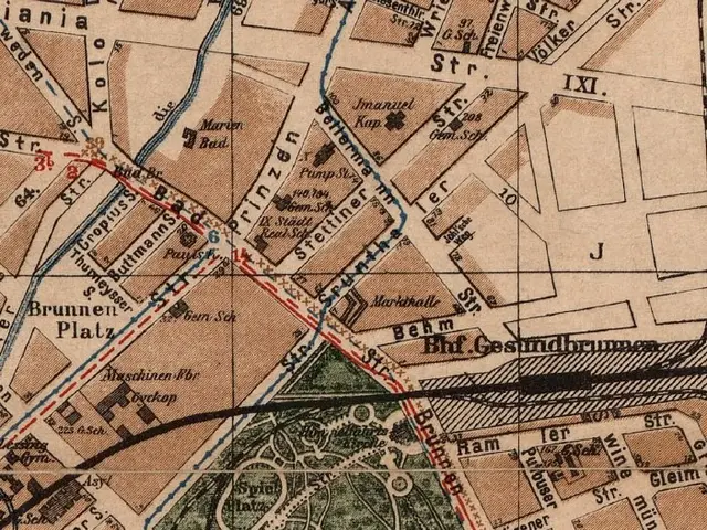 The image shows an old map of Berlin with a red line running through it. The map is detailed and...