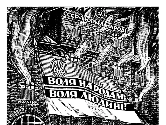 The image shows a black and white drawing of a group of people standing in front of a building,...