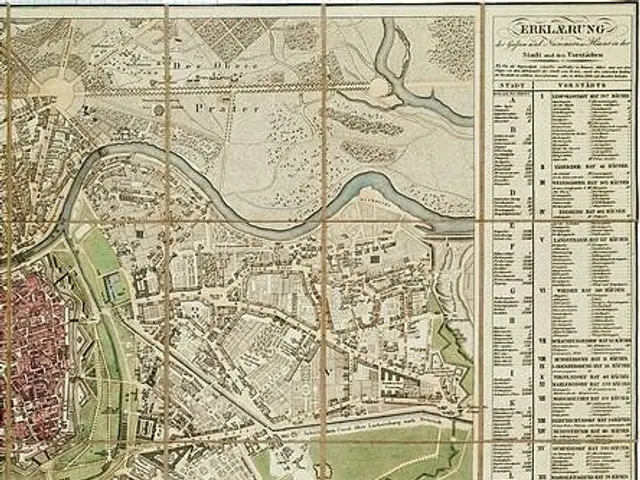 The image shows an old map of the city of Vienna, Austria, with text written on it. The map is...