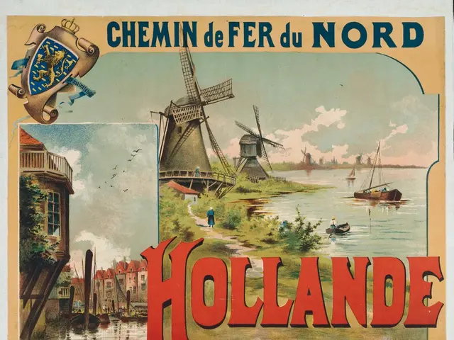 The image shows a poster advertising a Holland train from Amsterdam to Amsterdam. It features...