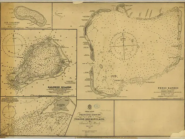 The image shows an old map of the British Virgin Islands, with the principal groups of Chagos...