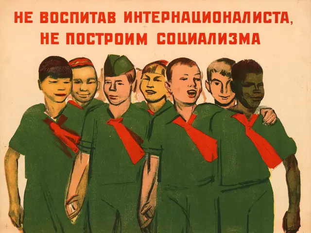 The image shows a Soviet propaganda poster for the Soviet Union featuring a group of children in...