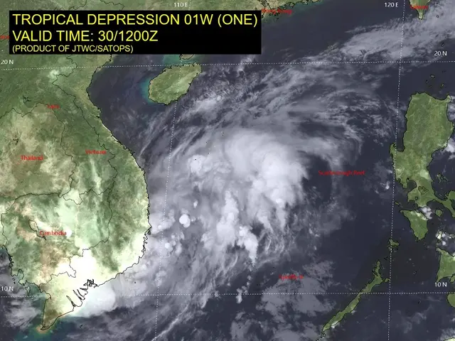 The image shows a satellite view of Tropical Depression 01W in the Philippines, with a map of the...