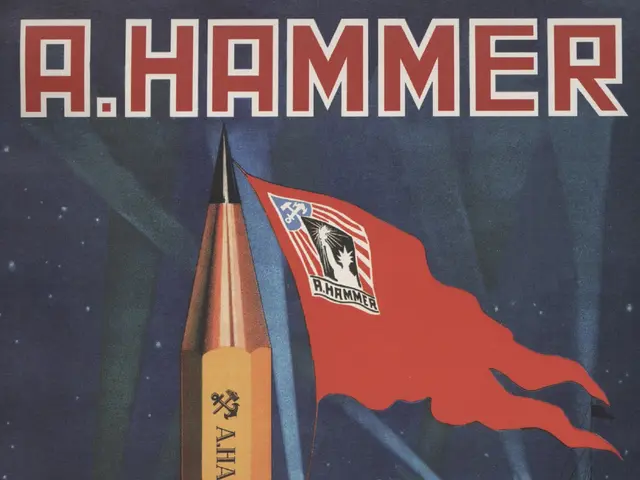 The image shows a Russian propaganda poster for the Soviet Union featuring a rocket and a flag. The...