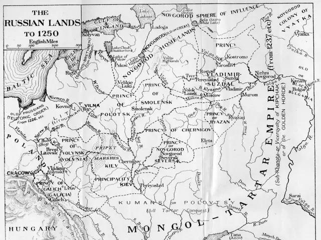 The image shows a paper with a map of the Russian lands to 1250, with text written on it. The map...