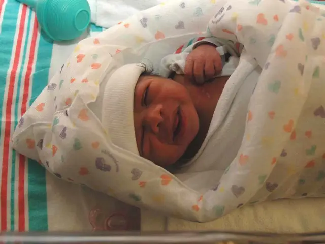 The image shows a newborn baby peacefully sleeping in a hospital bed, wrapped in a blanket and...