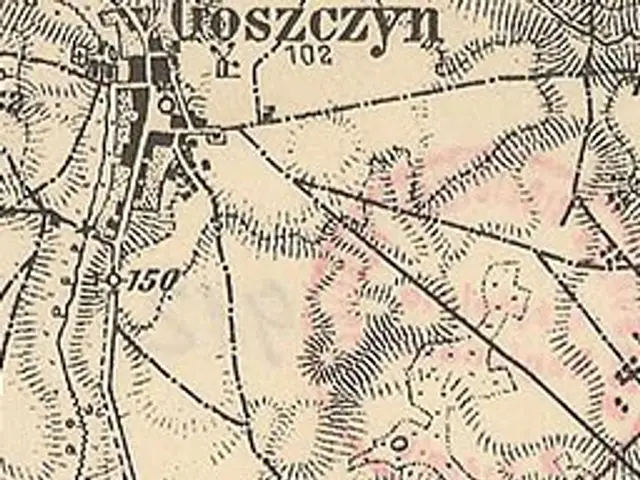 The image shows an old map of the city of Koszczyn, Poland, with text at the top and bottom of the...