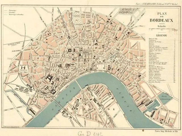 The image shows an old map of the city of Bordeaux, France, with a river running through it. The...