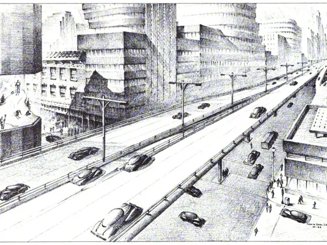The image shows a black and white drawing of a city street with cars driving on it, surrounded by...