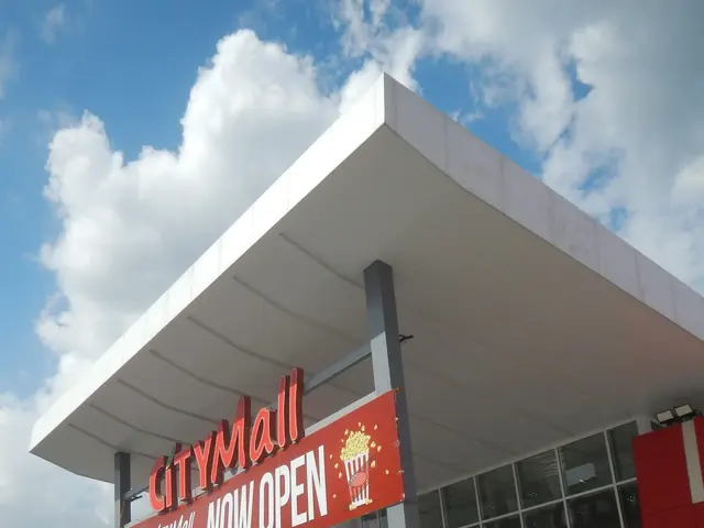 The image shows a bustling city mall with a sign that reads "City Mall Now Open" surrounded by...