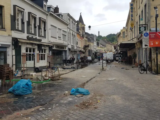 The image shows a city street with a lot of trash on the side of it. There are buildings with...