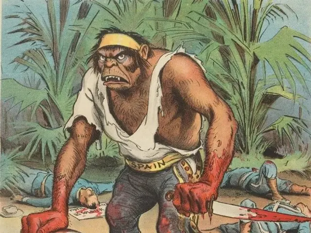 The image shows a cartoon of a man with a knife in his hand, standing in front of a grave with text...