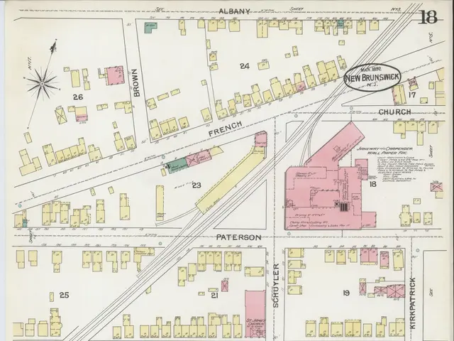 The image shows an old map of the city of New Brunswick, New Brunswick. It is a detailed map with...