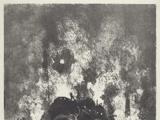 The image shows a black and white drawing of a train on fire, with smoke billowing out of the...