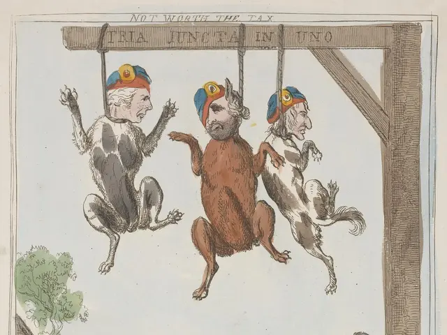 The image shows a paper with a drawing of a group of people and animals, including a dog, hanging...