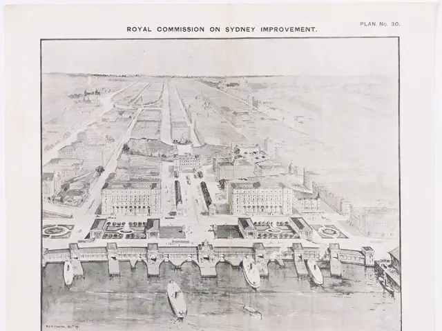 The image shows an aerial view of the Royal Commission on Sydney Improvement, with buildings,...
