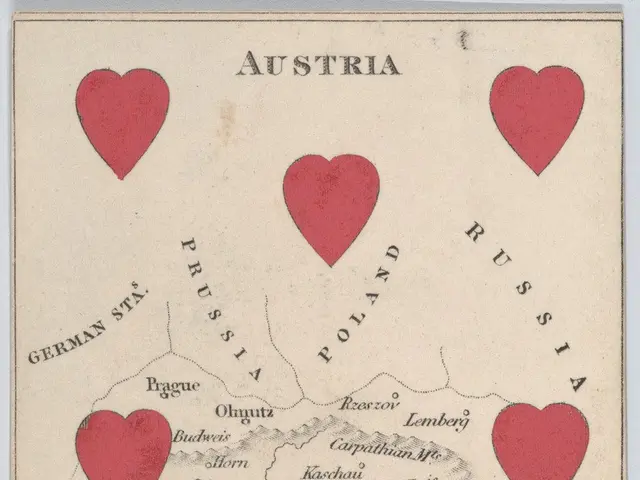 The image shows a poster with a map of Austria in the center, surrounded by red heart-shaped...
