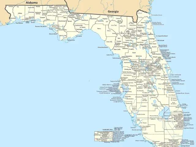 The image shows a large detailed political map of Florida, with roads, cities, and other...