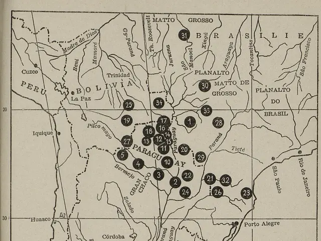 The image shows an old book with a map of Argentina on it. The map is filled with numbers and text,...