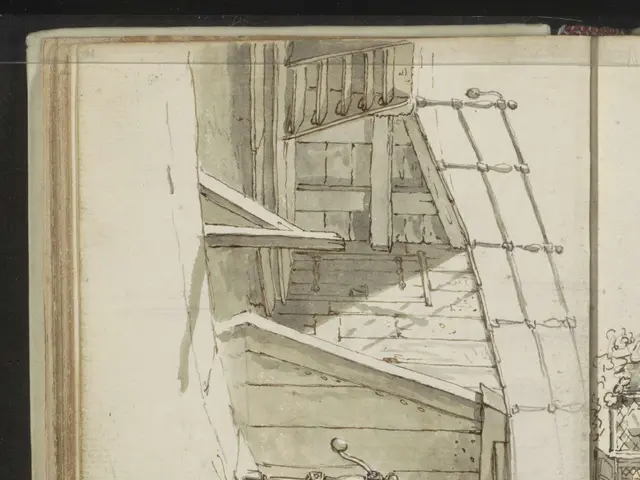 The image shows a drawing of a building with a staircase leading up to it, surrounded by a black...