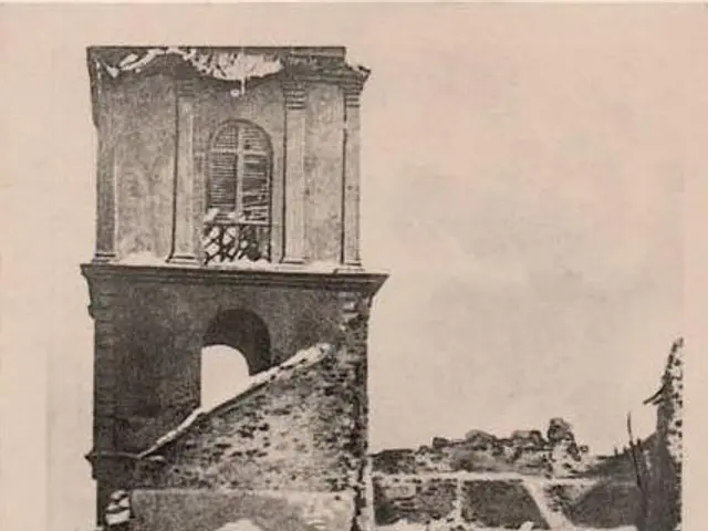 The image shows an old black and white photo of a building that has been destroyed by a fire. The...