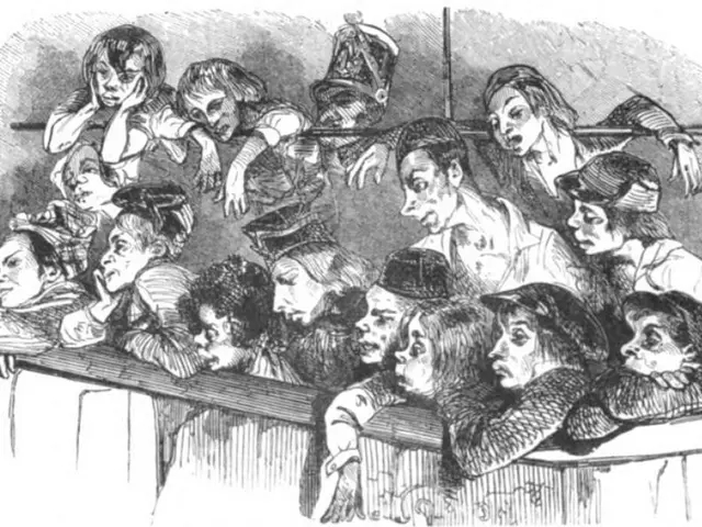The image shows a black and white drawing of a crowd of people sitting in a courtroom, with a...