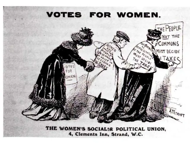 The image shows a cartoon of three women standing and holding a paper with the words "Votes for...
