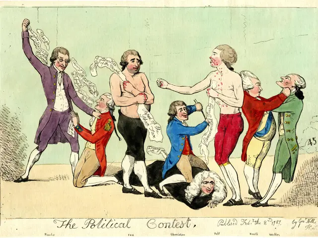 The image shows a political cartoon depicting a group of people in different colored dresses, with...