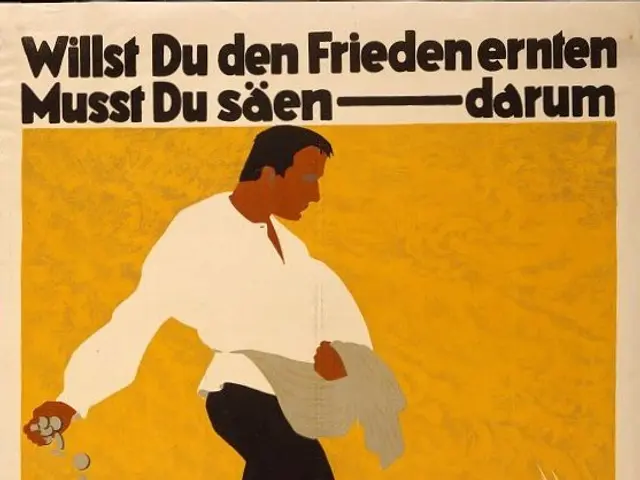 The image shows a German propaganda poster for the bank of Germany, featuring a man in a white...