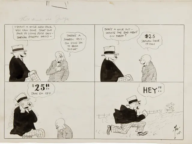 The image shows a page from a comic strip with a cartoon of a man in a top hat and a woman in a...