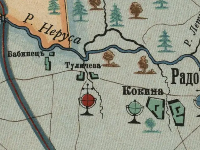 The image shows an old map of the Soviet Union with a train on it. The map is detailed and shows...