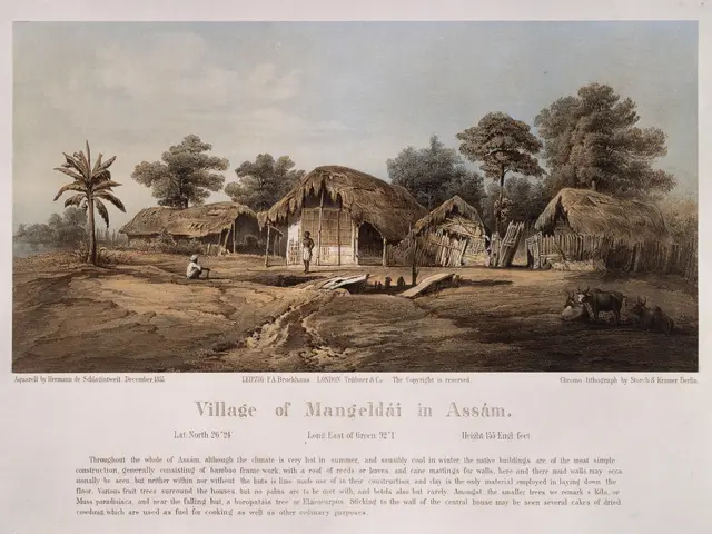 The image shows a village of Mangoldai in Assam, with huts, trees, people, animals, and a sky in...
