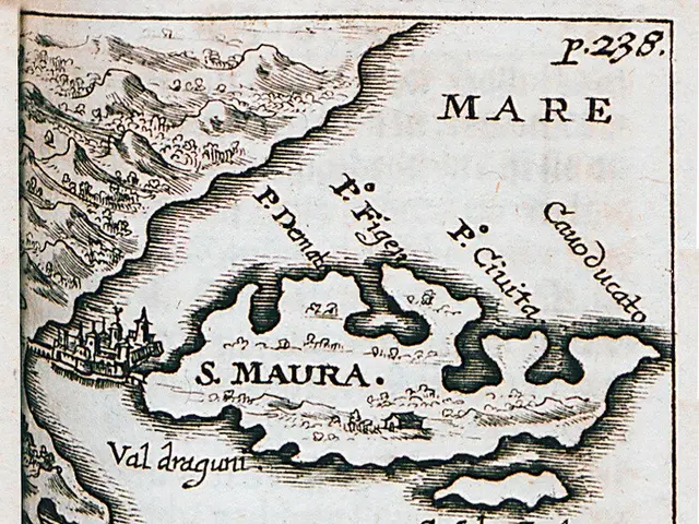The image shows a paper with a map of the Mediterranean Sea, with text written on it. The map is...