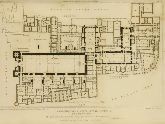 The image shows an old map of a building with a lot of rooms, which is believed to be the...