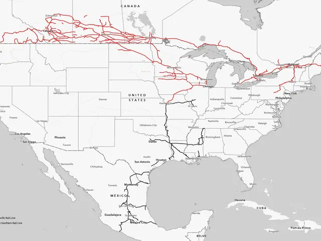 The image shows a map of the United States with a red line running through it, indicating the route...
