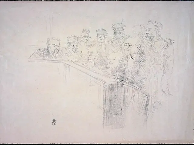 The image shows a drawing of a group of people sitting at a table in a courtroom, with a black...