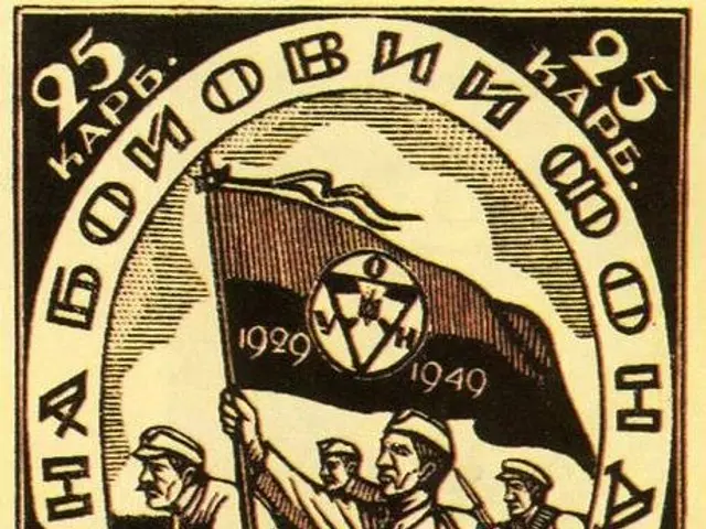 The image shows a poster with a black and white image of a group of people holding a flag,...