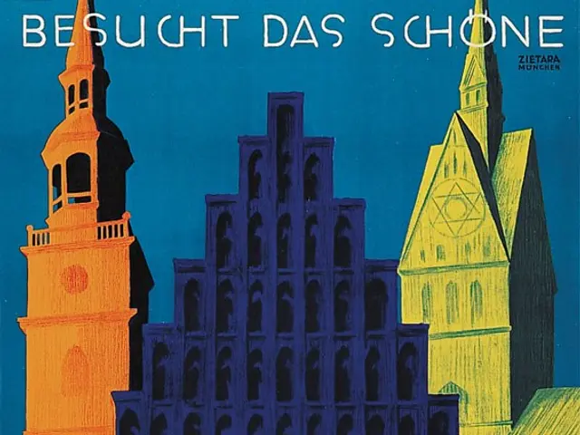 The image shows a poster advertising Hannover, Germany, featuring a few buildings and trees. The...