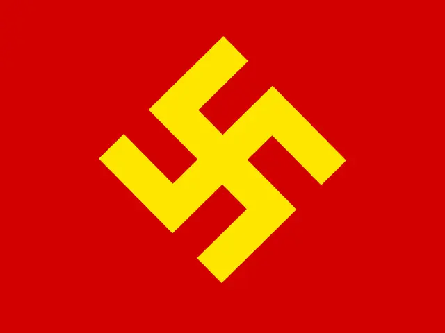 The image shows a red background with a yellow swastika, a symbol of the Nazi Party, prominently...