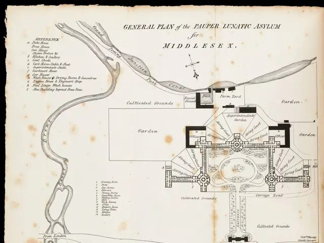 The image shows a map of the general plan of the pauper lunatic asylum for Middlesex, with a black...
