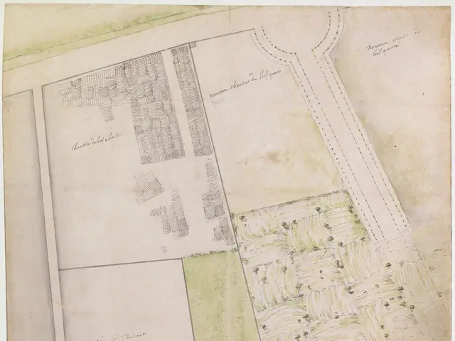 The image shows a paper with a plan of a city with a lot of buildings, trees, and text written on...