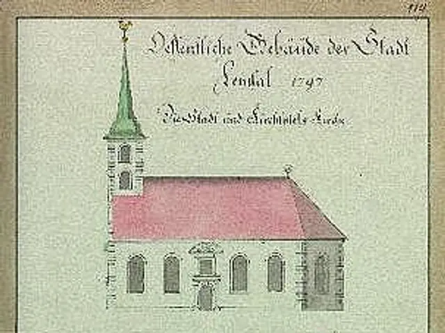 The image shows a drawing of a church with a steeple and a clock tower, which is believed to be the...