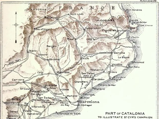 The image shows a poster with a map of Catalonia, depicting the route of the Spanish Civil War. The...