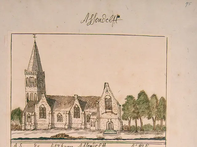 The image shows an old book with a drawing of a church in the background, surrounded by trees and a...