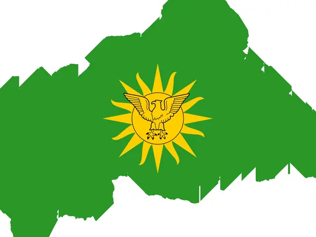 The image shows a map of Kazakhstan with the flag of the country in the center. The map is green...