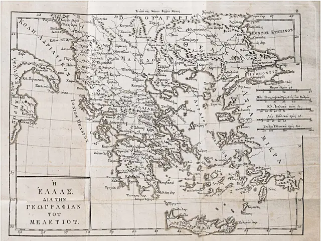 The image shows an old map of Greece with the Aegean Sea in the background. The paper has text...