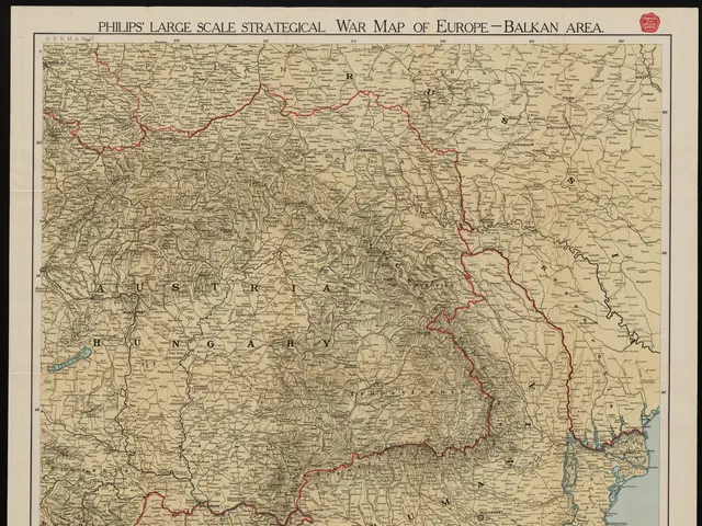The image shows a large scale strategic war map of Europe, with the Balkan area highlighted in red....